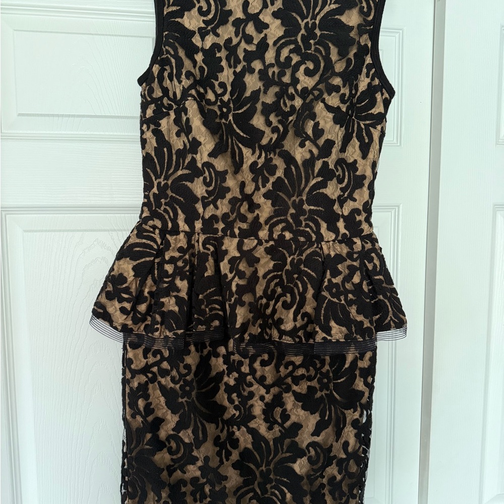 Tadashi Shoji Black Lace Overlay with Beige Underlay Peplum Midi Dress
